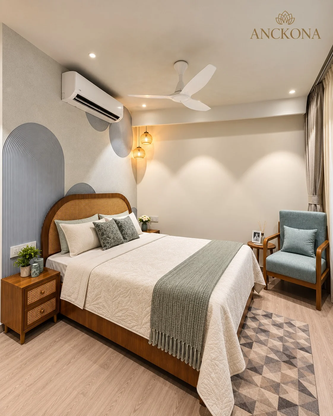 Bedroom with soft curves and warm wall lights