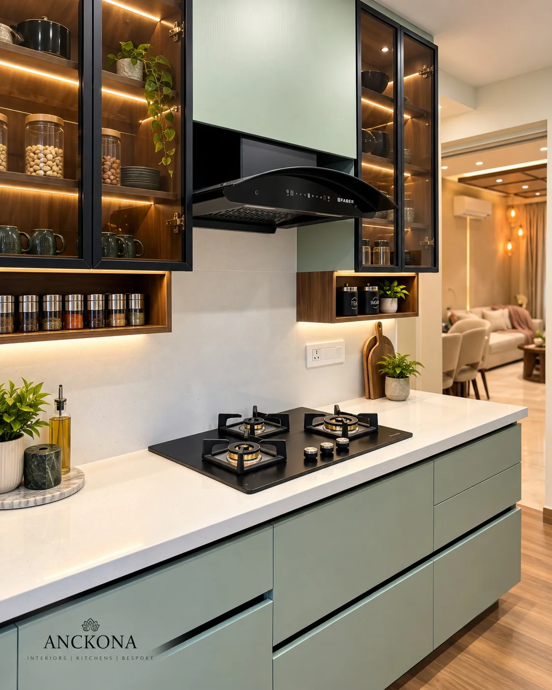 Kitchen hob with cabinetry and open shelves