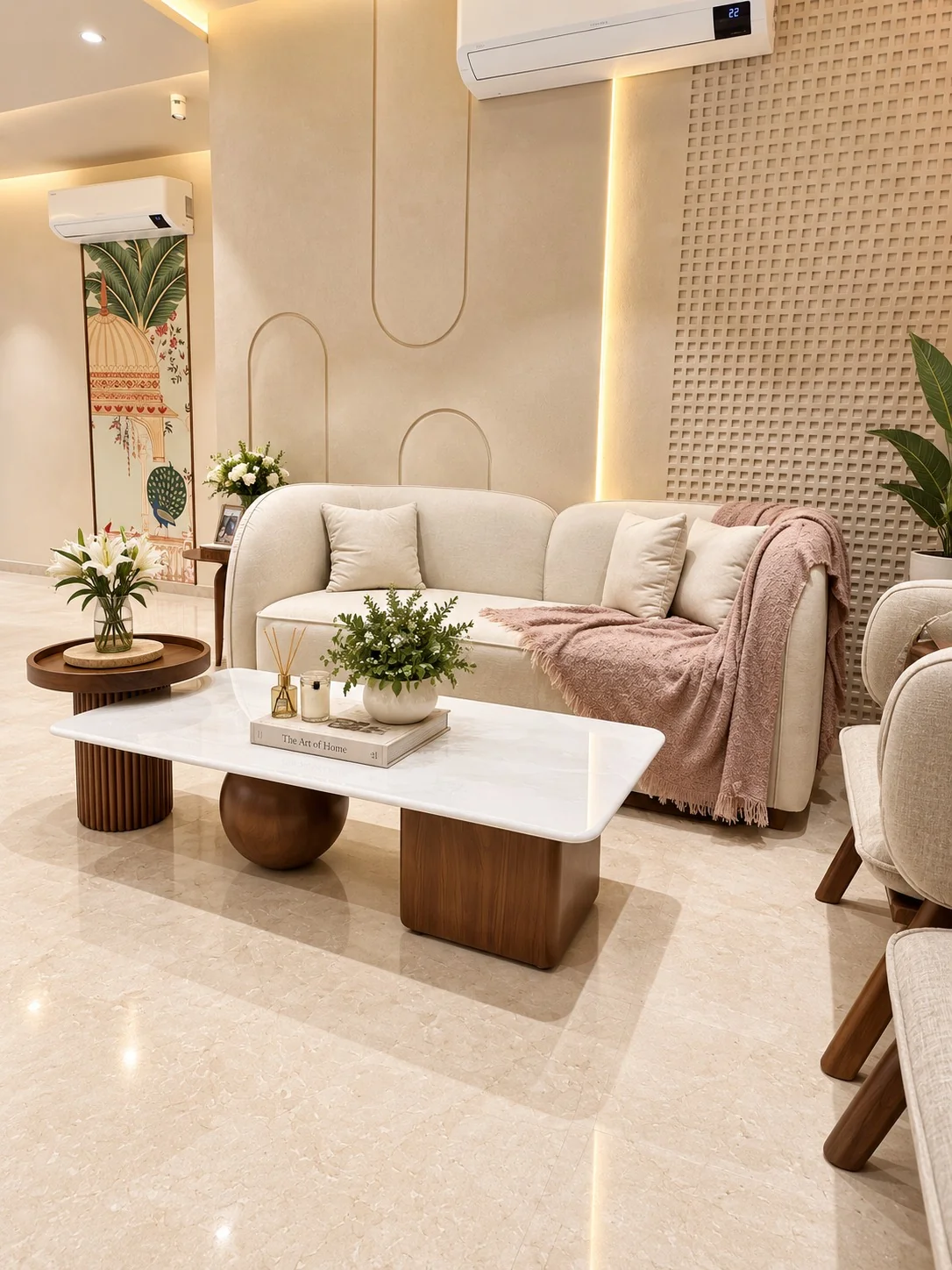 Soft sofa and sculptural coffee table