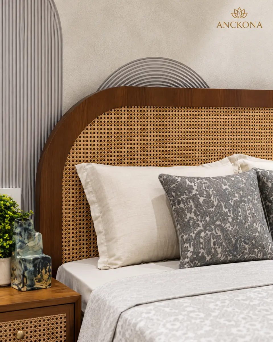 Close-up of cane headboard craftsmanship