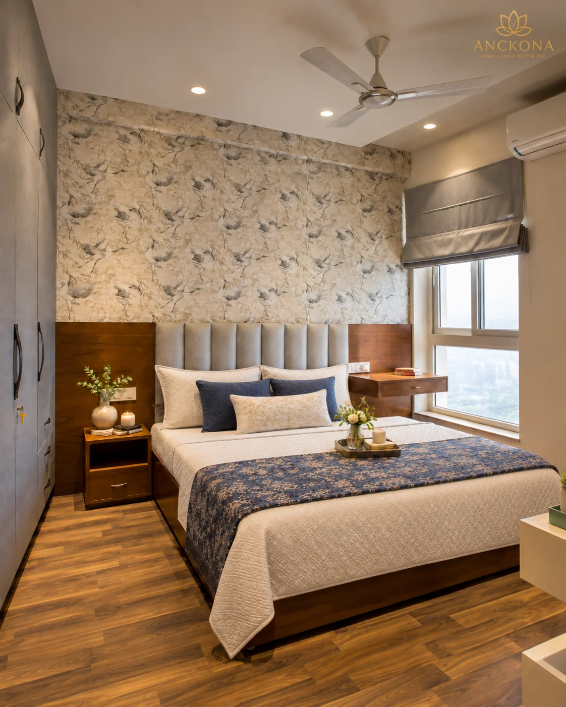 Bedroom with floral feature wall and upholstered bed