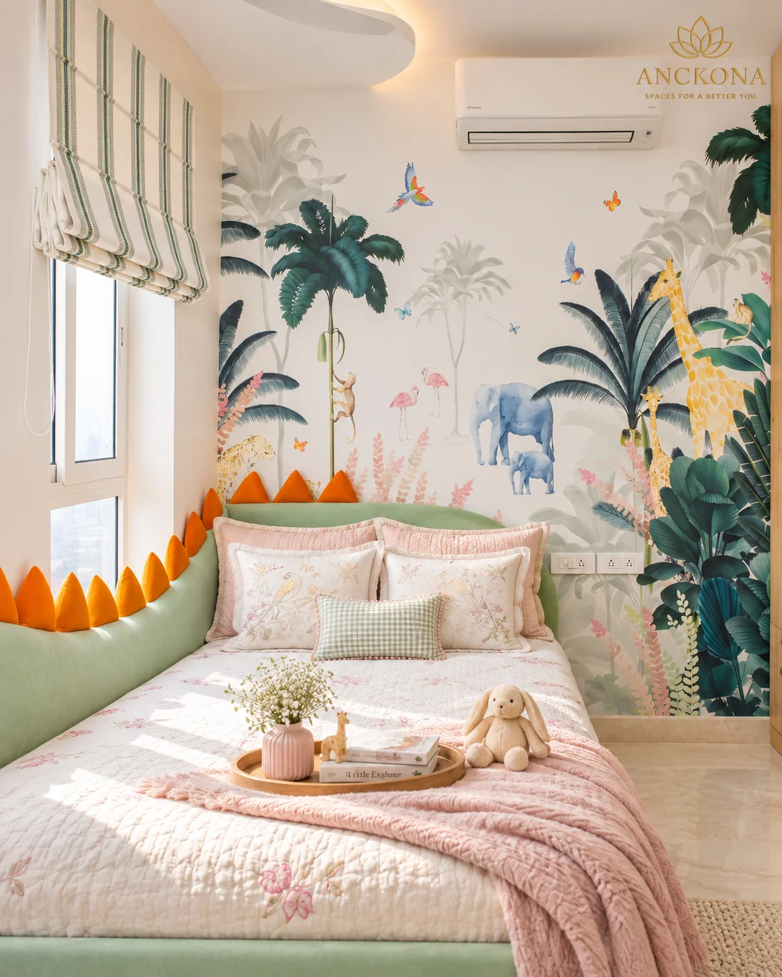 Kids' bedroom with botanical mural and bed