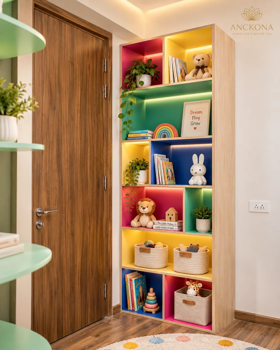 Colourful built-in display and storage in the kids' bedroom