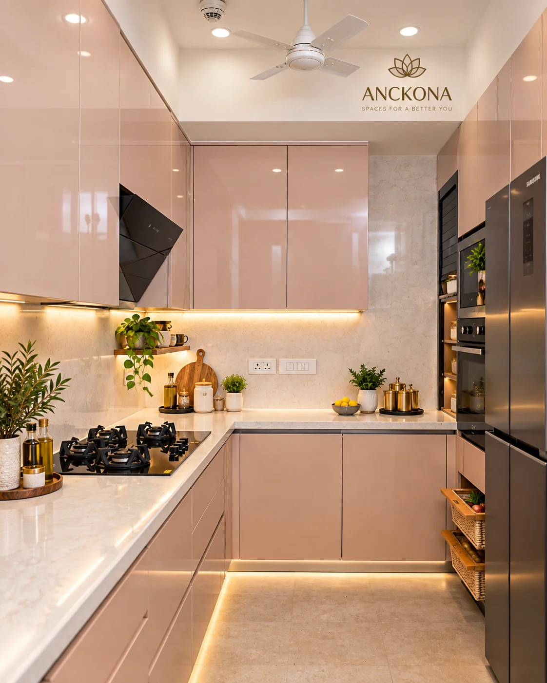 Full view of the blush modular kitchen