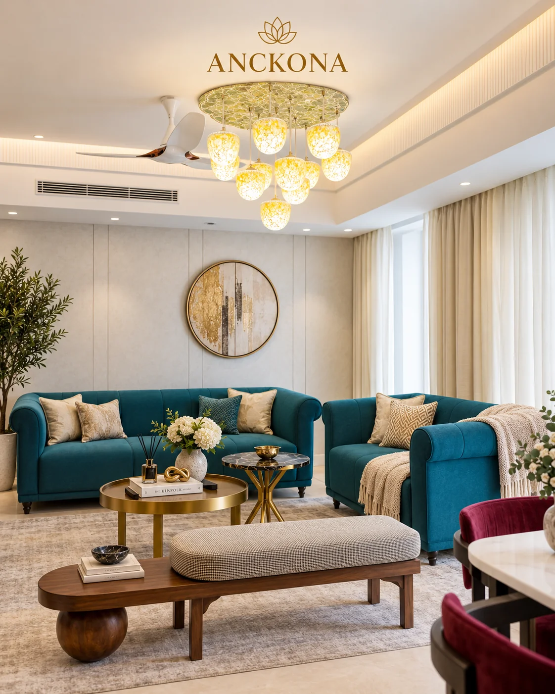 Digi Homes living room with curved seating and warm lighting